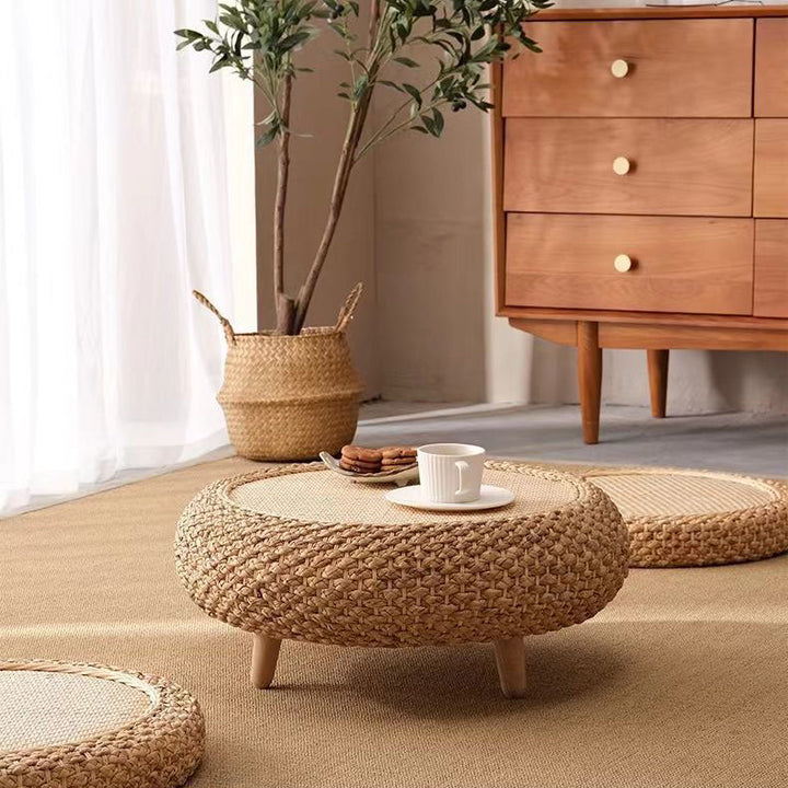 Traditional Japanese Oval Narcissus Rattan Poplar Wood Coffee Table Storage For Living Room