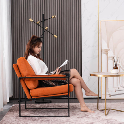 Contemporary Scandinavian Fabric Velvet Faux Leather Carbon Steel Latex Sponge Square Accent Chair Backrest Armrest For Living Room