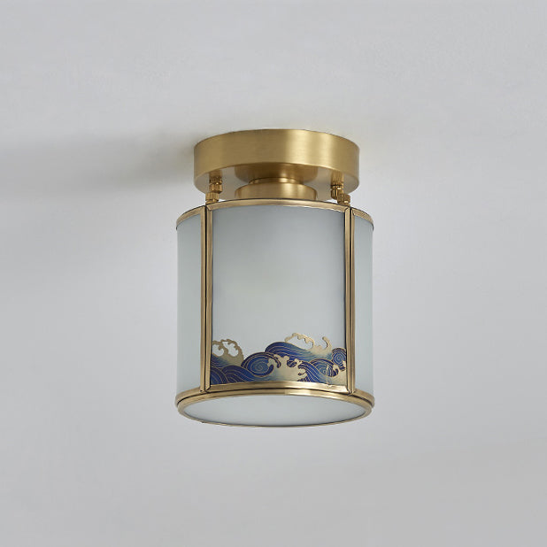 Traditionelle chinesische Messing-Glaszylinder-Deckenleuchte mit 1 Licht, halbbündige Montage für Wohnzimmer 