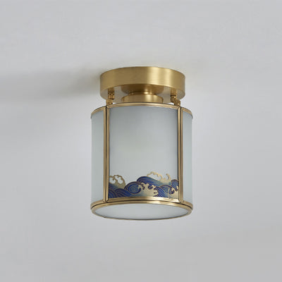 Plafonnier semi-encastré à 1 lumière en laiton et verre de style chinois traditionnel pour salon 