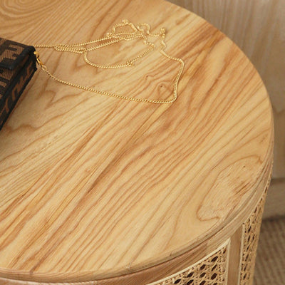 Mesa de centro cilíndrica de madera y ratán escandinava contemporánea para sala de estar 
