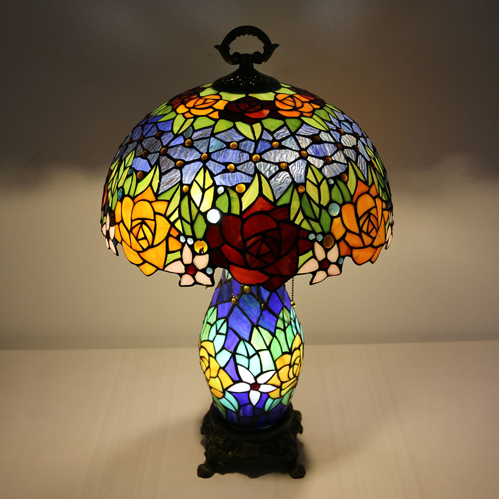 Tiffany Vintage Rosenblume Dekor Buntglas Kuppel 2-Licht Tischlampe 