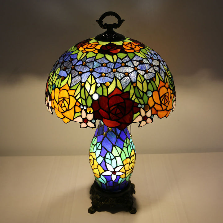 Tiffany Vintage Rosenblume Dekor Buntglas Kuppel 2-Licht Tischlampe 