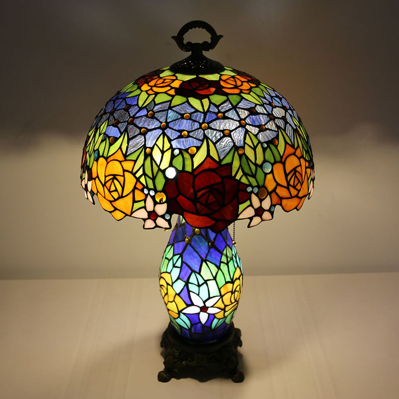 Tiffany Vintage Rose Flower Decor Stained Glass Dome 2-Light Table Lamp
