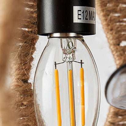 Ventilador de techo con cilindro de cuerda de cáñamo industrial creativo de 4 luces y varillas hacia abajo 