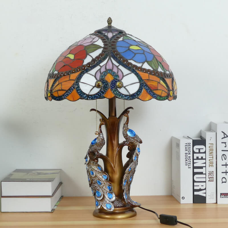 Traditional Tiffany Stained Glass Resin Dome Peacock Base 2-Light Table Lamp For Bedroom