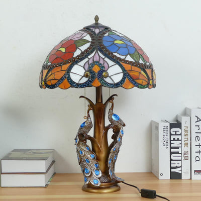 Vintage Tiffany Stained Glass Dome Peacock Base 2-Light Table Lamp