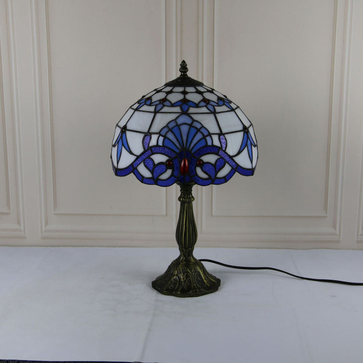 Abat-jour en dôme en verre teinté Tiffany traditionnel Base en alliage de lotus Lampe de table à 1 lumière pour chambre 