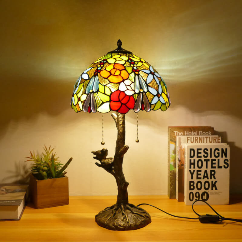 Traditional Tiffany Dragonfly Flower Stained Glass Bird Base 2-Light Table Lamp For Bedroom