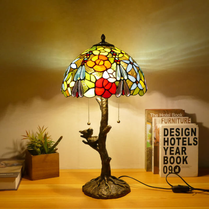 Traditional Tiffany Dragonfly Flower Stained Glass Bird Base 2-Light Table Lamp For Bedroom