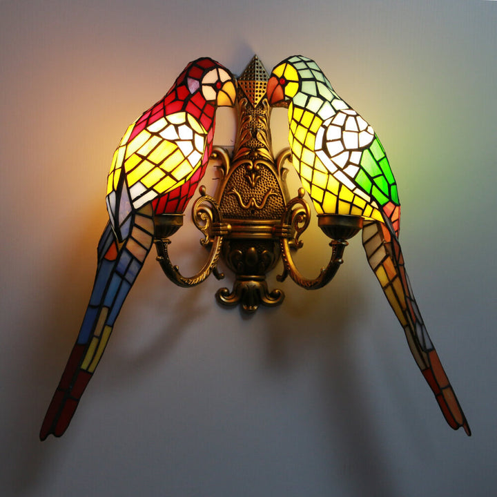 Tiffany Pastoral Doppelköpfige Papagei Buntglas 2-Licht Wandleuchte 