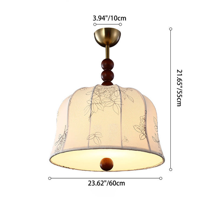 Lámpara colgante de 1 luz de tela floral redonda romántica francesa tradicional de madera y metal para dormitorio 