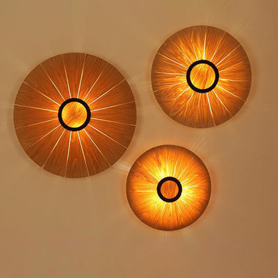 Traditional Vintage Round Disc Wood Veneer 1-Light Wall Sconce Lamp For Dining Room