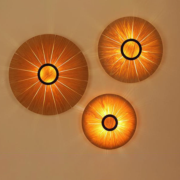 Traditional Vintage Round Disc Wood Veneer 1-Light Wall Sconce Lamp For Dining Room
