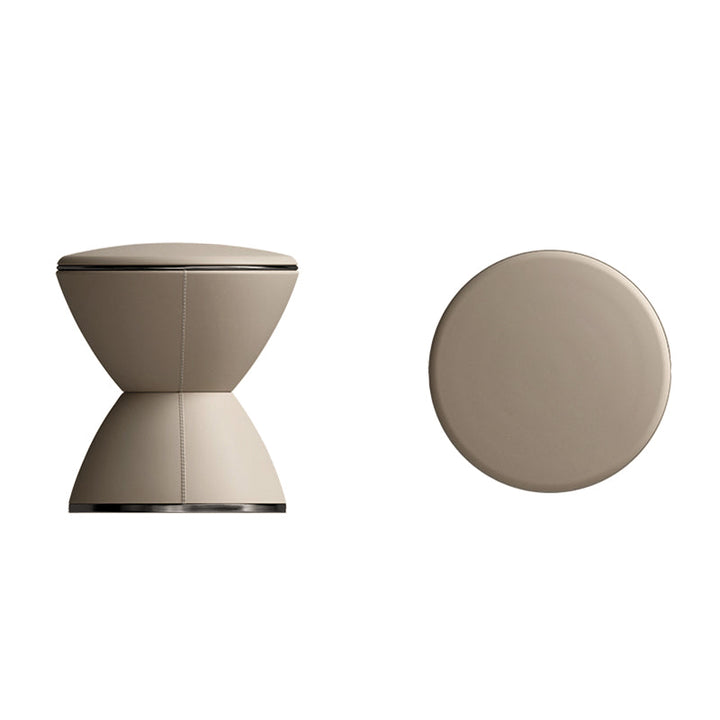 Tabouret bas rond minimaliste moderne en forme de sablier en cuir microfibre et acier inoxydable pour salon 