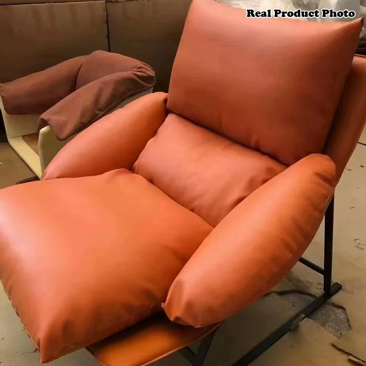 Sillón decorativo contemporáneo de lujo con respaldo curvo, tapizado en tela sintética y estructura de hierro para sala de estar 
