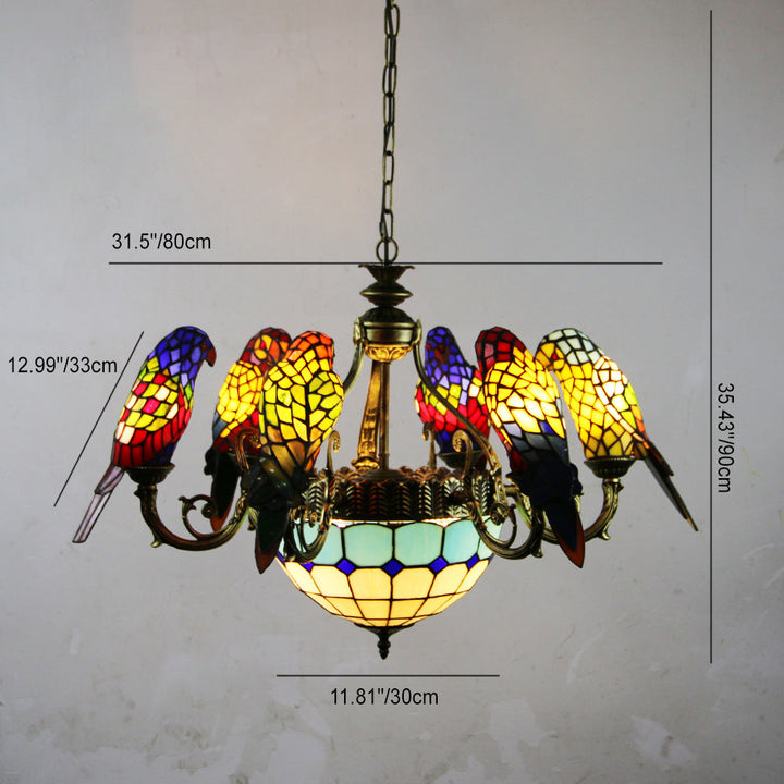 Traditioneller Tiffany Dome Parrot Alloy Buntglas 8-Licht Kronleuchter für Wohnzimmer 
