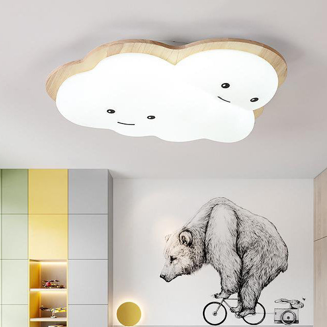 Modern Art Deco Airplane Clouds Moon Acrylic Wood LED Flush Mount Ceiling Light For Living Room