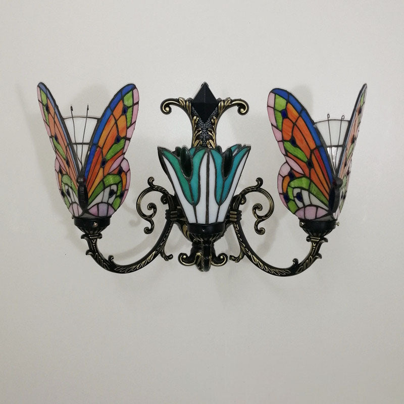 Traditional Tiffany European Butterfly Alloy Iron Glass 3-Light Wall Sconce Lamp For Hallway