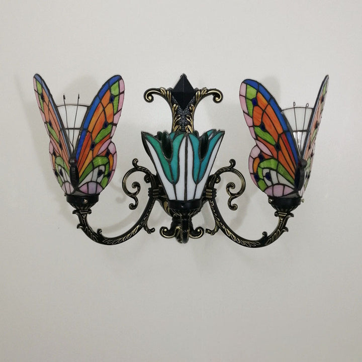 Traditional Tiffany European Butterfly Alloy Iron Glass 3-Light Wall Sconce Lamp For Hallway