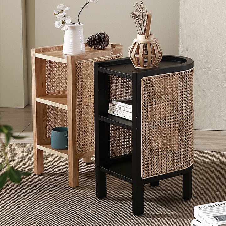 Traditioneller japanischer halbrunder Nachttisch aus Massivholz und Sperrholz mit Rattanweberei, 3-stufig, für das Schlafzimmer 