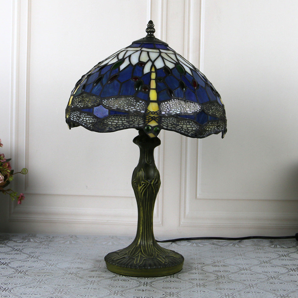 Lampe de table 1 lumière avec base en résine et vitrail Tiffany traditionnel libellule pour maison ou bureau 