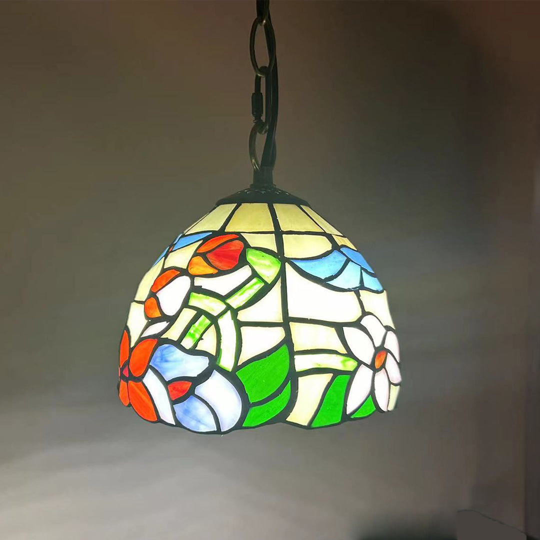 Traditionelle Tiffany Runde Kuppel Petunia Barock Zink Buntglas 1-Licht Pendelleuchte für Wohnzimmer 