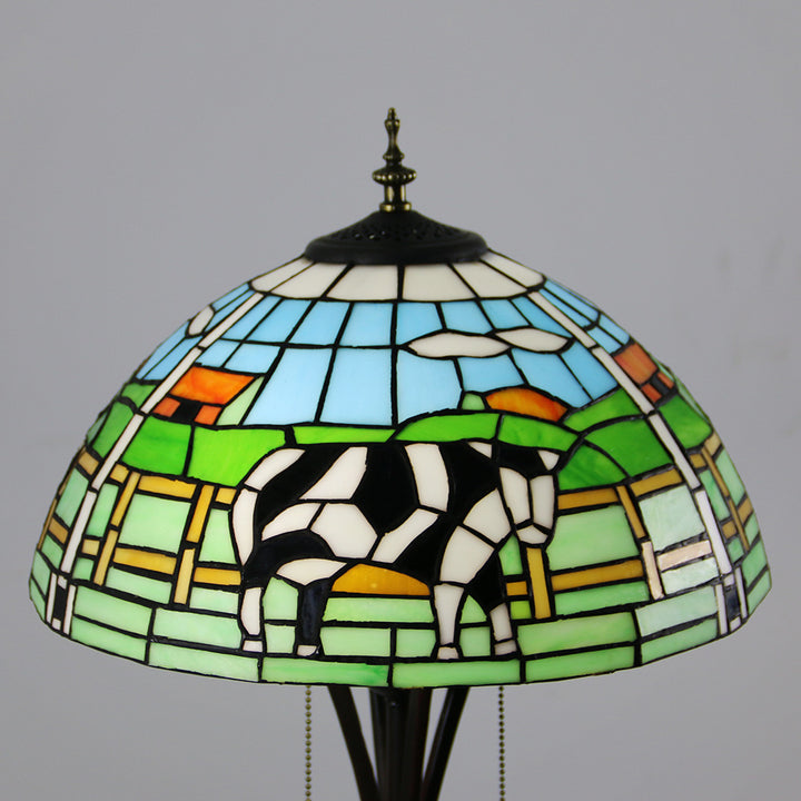 Lampe de sol traditionnelle Tiffany en résine avec dôme semi-circulaire en verre, motif de vache et fleur en diamant à 2 lumières pour salle à manger 