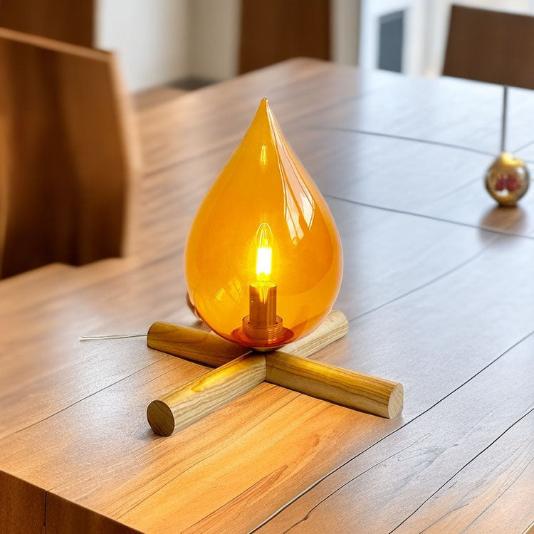 Modern Art Deco Fire Wood Glass 1-Light Table Lamp For Living Room