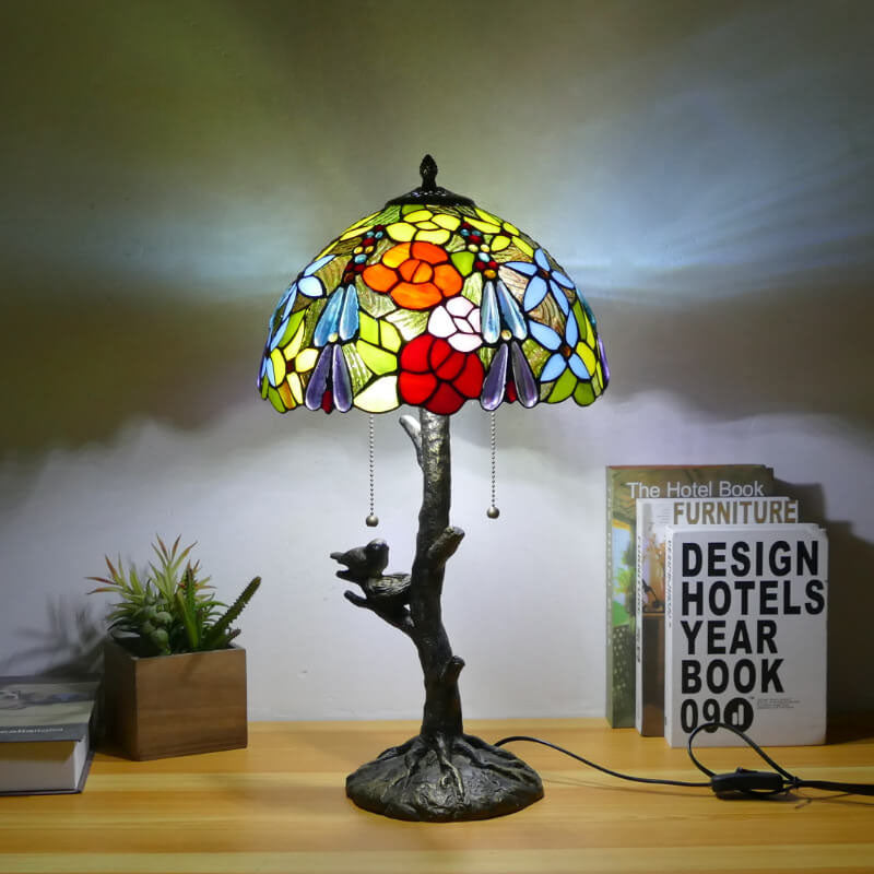 Traditional Tiffany Dragonfly Flower Stained Glass Bird Base 2-Light Table Lamp For Bedroom