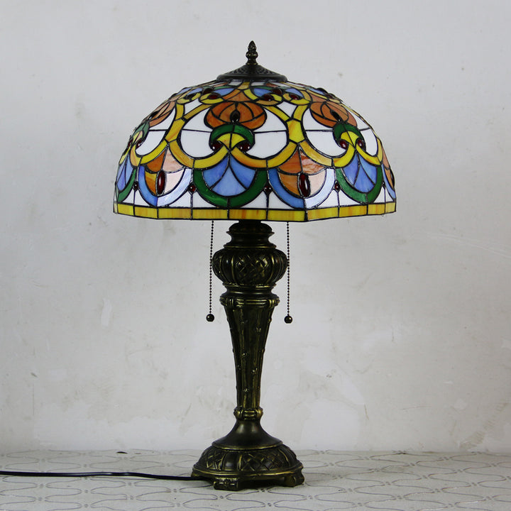 Traditional Tiffany Resin Glass Dome Hemispheric Flower 2-Light Table Lamp For Bedside