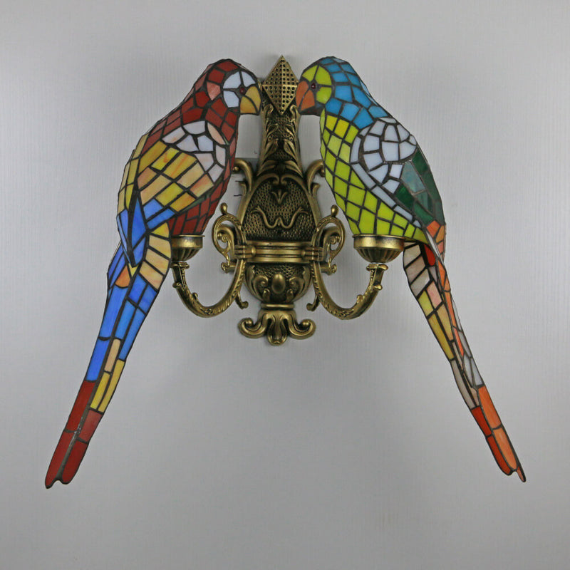 Tiffany Pastoral Double-Headed Parrot Stained Glass 2-Light Wall Sconce Lamp