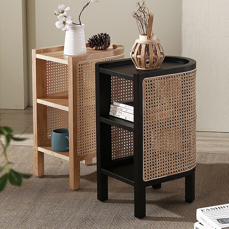 Traditional Japanese Weaving Semicircular Elliptical Faux Rattan Ash Wood Nightstand 2-Storage For Bedside