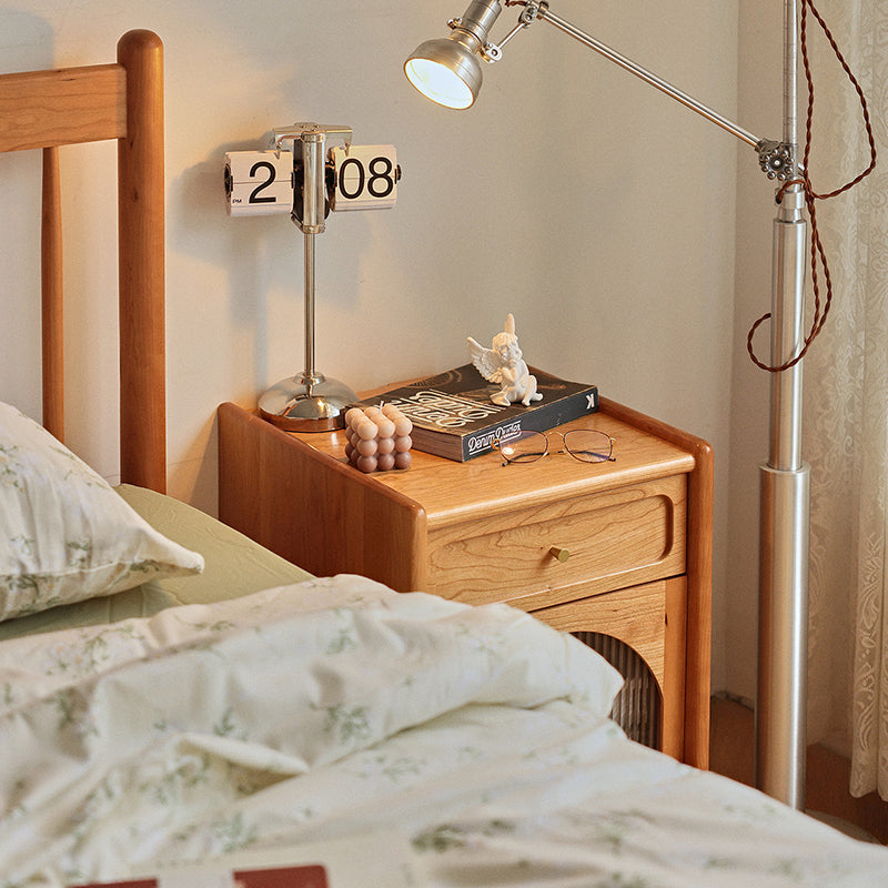 Table de nuit cube en bois massif rétro contemporain avec 1 tiroir pour chambre à coucher 