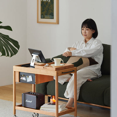 Mesa de café rectangular de vidrio y madera escandinava contemporánea de 2 niveles para sala de estar 