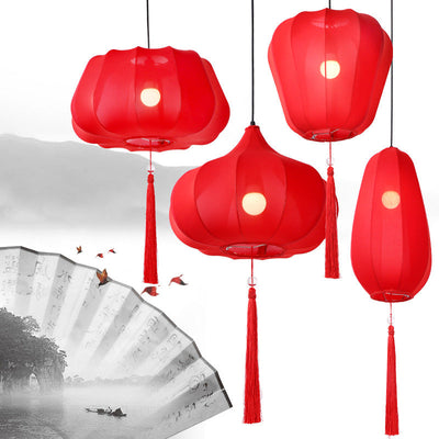 Traditionelle chinesische Laterne Stoff Eisen 1-Licht Pendelleuchte für Schlafzimmer 