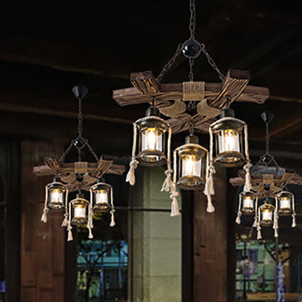 Pantalla de lámpara de jaula de pájaro de madera con cuerda de cáñamo retro, candelabro de 3 luces 