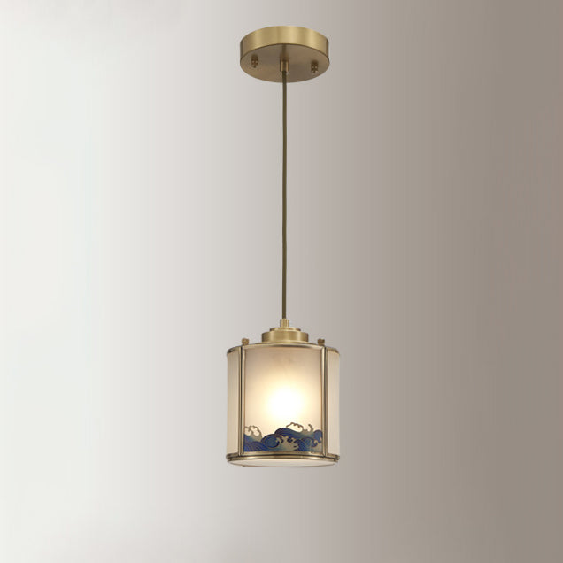 Traditionelle chinesische Messingglaszylinder-Pendelleuchte mit 1 Licht für Wohnzimmer 