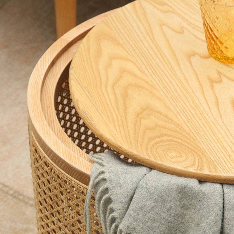 Contemporary Scandinavian Cylindrical Ash Wood Indonesian Rattan Coffee Table For Living Room