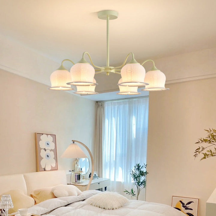 Moderner Art-Deco-Kronleuchter mit Eisenrahmen und PLA-Glocken-Orchideen-Blumenschirm, 3/5/6 Lichter, für Wohnzimmer 