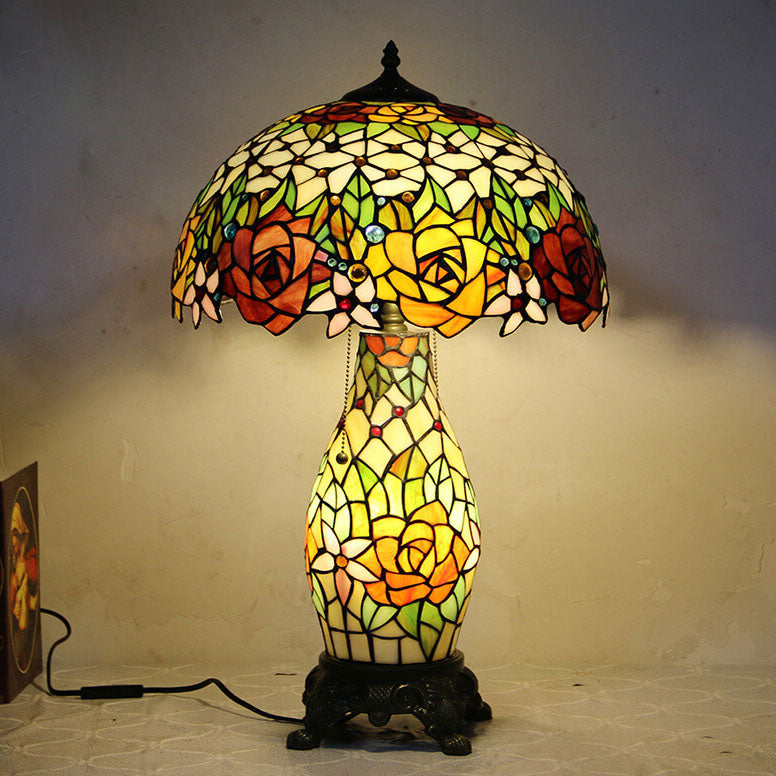 Tiffany Vintage Rosenblume Dekor Buntglas Kuppel 2-Licht Tischlampe 