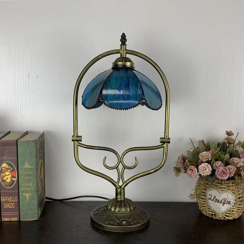 Tiffany Vintage Flower Stained Glass Shade Metal Base 1-Light Table Lamp