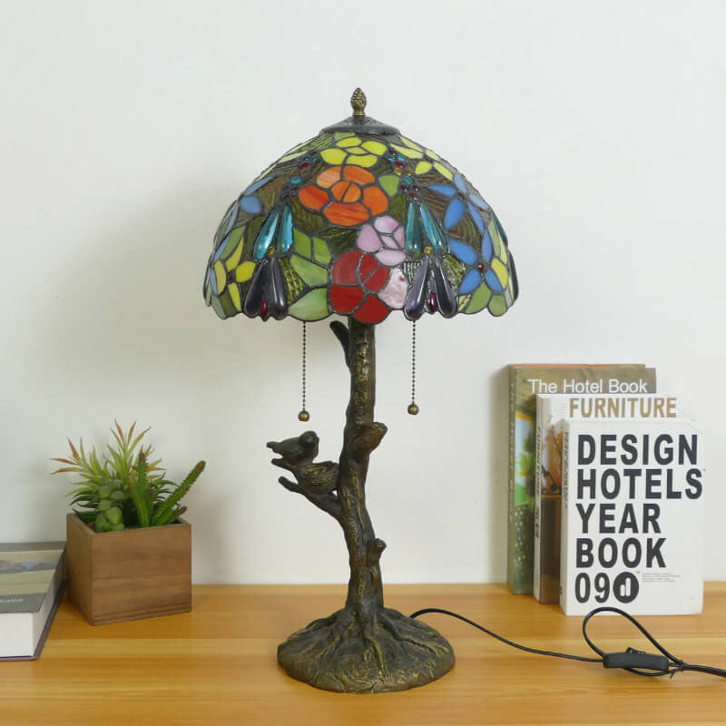 Traditional Tiffany Dragonfly Flower Stained Glass Bird Base 2-Light Table Lamp For Bedroom