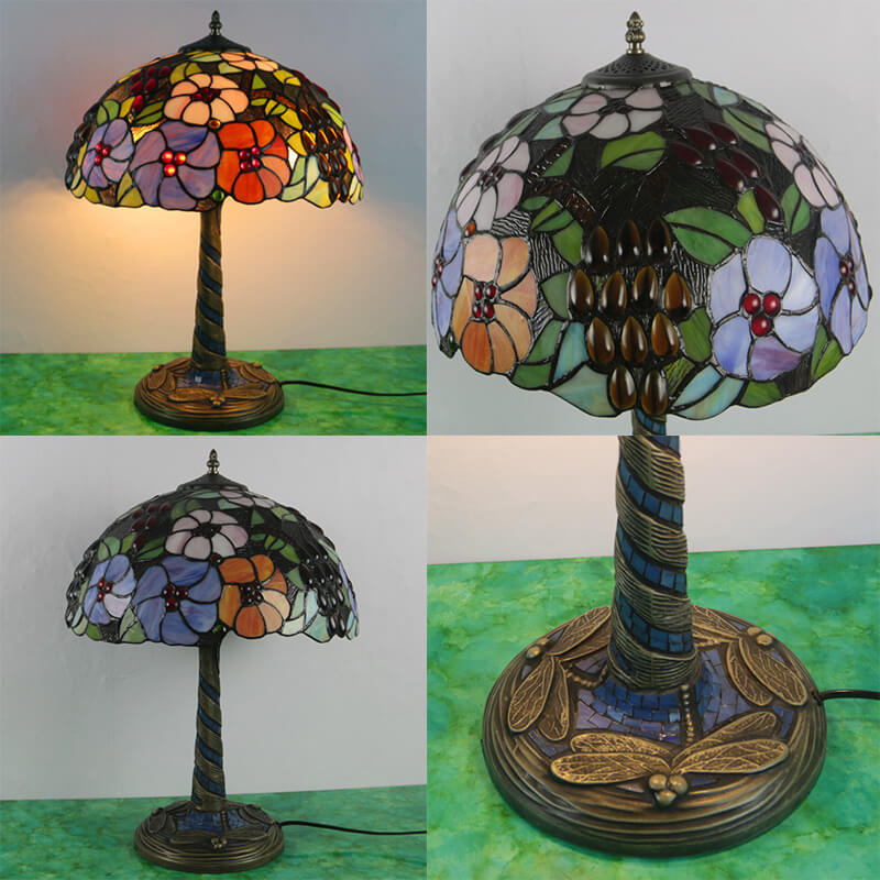 Traditional Tiffany Flower Decor Stained Glass Dome 2-Light Table Lamp For Bedroom