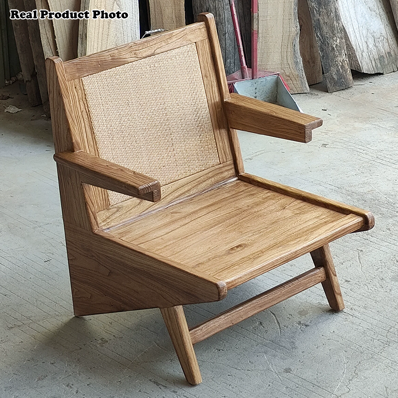 Silla de acento de ratán y madera envejecida tejida tradicional japonesa con respaldo y reposabrazos para balcón y sala de estar 