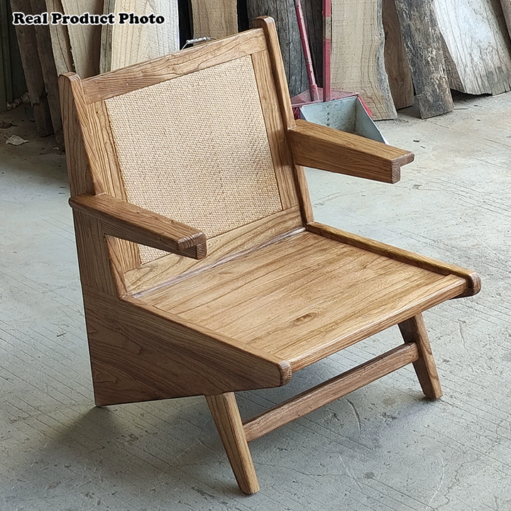 Silla de acento de ratán y madera envejecida tejida tradicional japonesa con respaldo y reposabrazos para balcón y sala de estar 