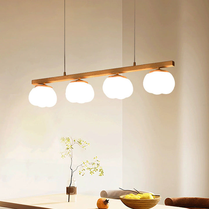 Traditioneller Inselleuchter mit 4 Leuchten aus Eisen und Kunststoff in japanischer Holzoptik mit Baumwollschirm für das Wohnzimmer 