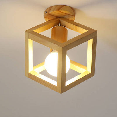 Japanese Minimalist Log Hollow Geometric Cube 1-Light Semi-Flush Mount Ceiling Light