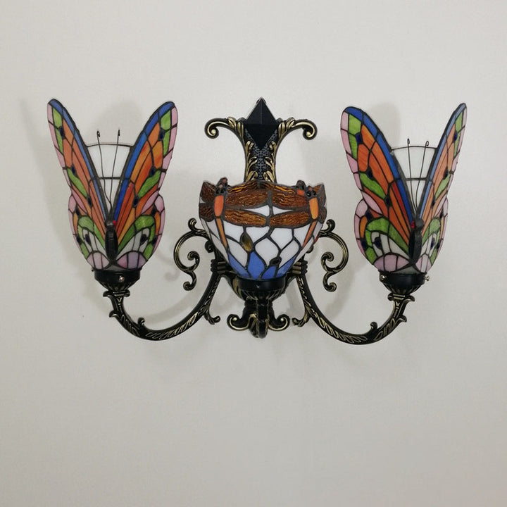 Traditional Tiffany European Butterfly Alloy Iron Glass 3-Light Wall Sconce Lamp For Hallway