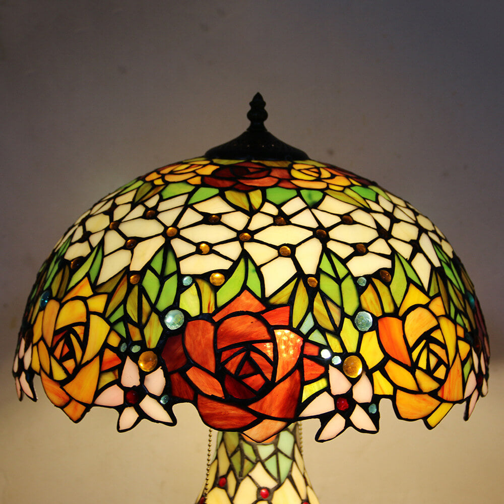 Tiffany Vintage Rosenblume Dekor Buntglas Kuppel 2-Licht Tischlampe 